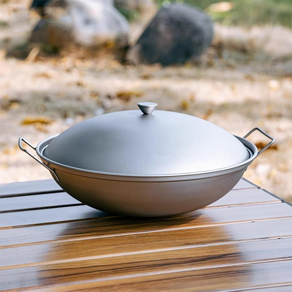 Camping Cooking Gear Set - Titanium Wok Pan with Lid Double